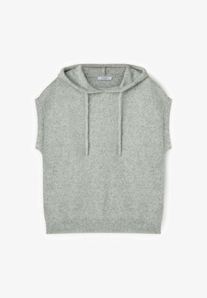 Vaaleanharmaa hihaton huppari, joka on valmistettu pehmeästä, teksturoidusta kankaasta. Varustettu säädettävällä hupulla ja ribbireunuksella alaosassa.