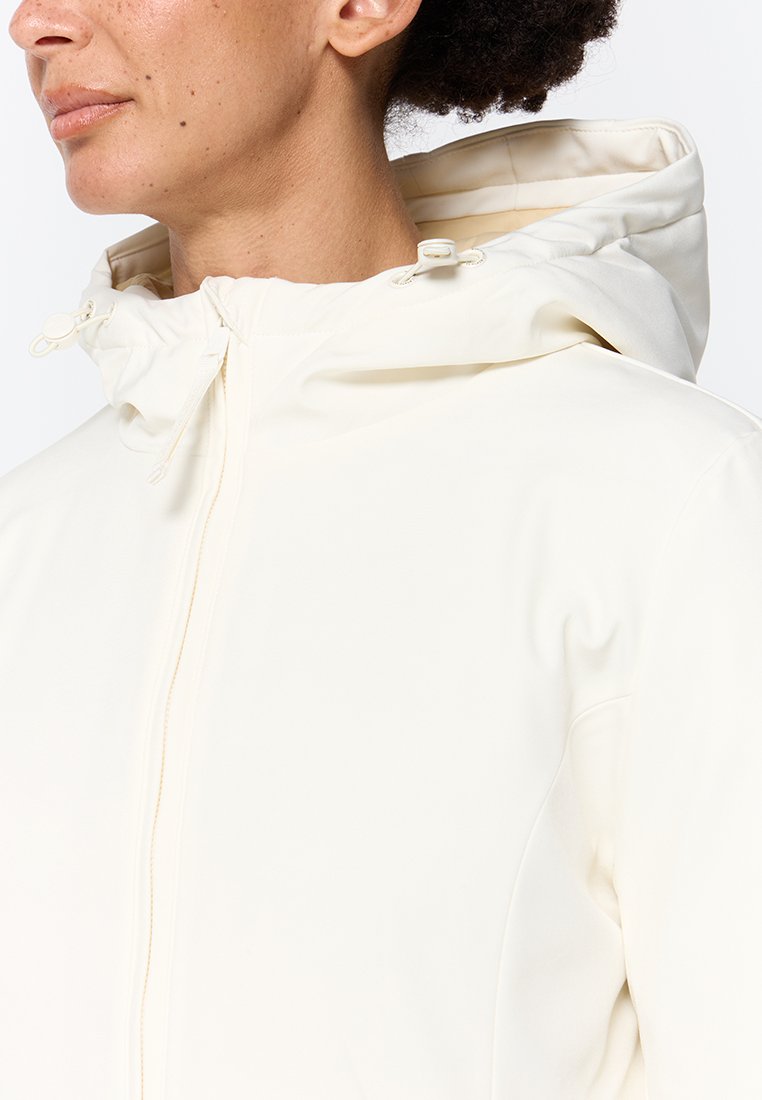 Giacca a vento chiara con cappuccio, caratterizzata da una chiusura con zip, tessuto testurizzato e un cordino regolabile nel cappuccio per un look aderente.