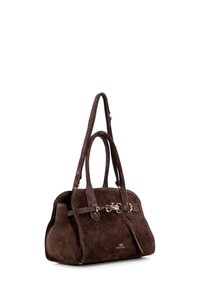 Borsa a mano in suede marrone con forma strutturata, manici doppi, dettagli in metallo dorato e chiusure decorative sulla parte anteriore.
