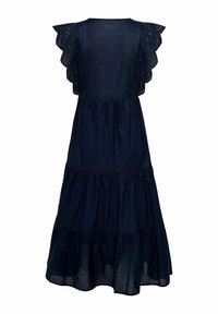 Robe midi bleu marine sans manches avec jupe à volants et épaules ornées de dentelle festonnée, vue de dos sur fond blanc.