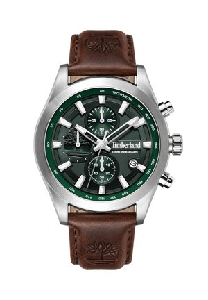 Chronograph wristwatch with green dial, silver case, white markers, brown leather strap, date window, and Timberland logo on dial and strap.