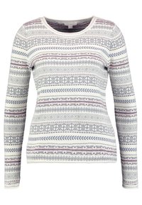Jersey de mangas largas en blanco, con patrones geométricos coloridos en azul y rosa. Cuello redondo y diseño ajustado con un tejido texturizado.