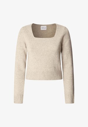 Pull cropped beige en tissu doux, avec un décolleté carrée, des manches longues et des poignets et ourlets côtelés.