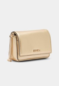 Borsa a mano in pelle metallizzata oro, forma rettangolare, chiusura a patta, tracolla a catena, logo impresso sulla parte anteriore, texture liscia, design minimalista.