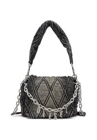 Quilted denim handbag in dark gray with a braided top handle and silver chain strap, featuring "DIESEL" metal accents.