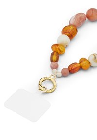 Kleurrijke kralenketting met grote, gladde harskralen in amber-, crème- en roze tinten. Voorzien van een gouden metalen sluiting en een doorzichtige label.