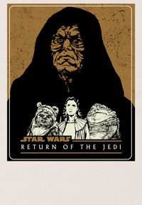 Grafika w tematyce Gwiezdnych Wojen przedstawia ciemną postać w kapturze, Leię w białym stroju oraz dwa stworzenia na teksturowanym brązowym tle.