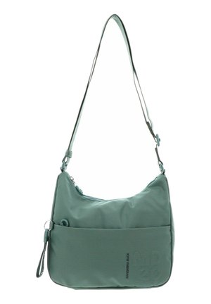 Sac d'épaule vert avec sangle réglable, poche avant zippée et logo subtilement embossé sur la surface du tissu.