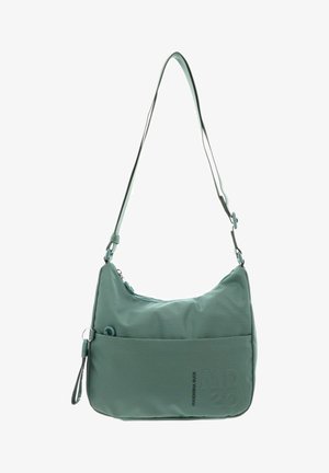 Sac d'épaule vert avec sangle réglable, poche avant zippée et logo subtilement embossé sur la surface du tissu.