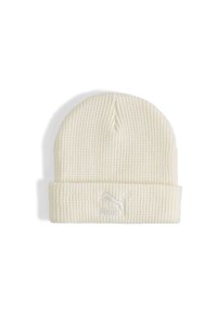 Beanie lavorato a maglia color crema con texture a coste, dotato di un risvolto e di un logo Puma ricamato sul davanti. Materiale morbido e caldo.
