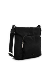 Melna neilona plecu soma ar rāvējslēdzēja priekšējo kabatu, regulējamu siksnu un metāliskām akcentiem, ar gludu, izturīgu tekstūru.