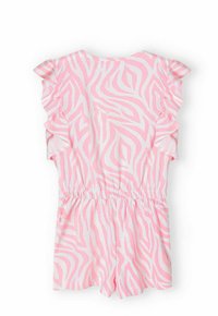 Rompers à imprimé zèbre rose avec des rayures blanches, présentant des manches volantées et une taille élastique. Tissu doux adapté pour un usage décontracté.
