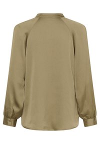 Olive green, long-sleeve blouse with a smooth texture, rounded hem, and buttoned cuffs. Features a simple, minimalist design.