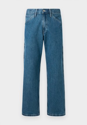 Blå denimjeans med rett ben-design, fem lommer, og knappelukking i livet. Har subtil tekstur og fading.