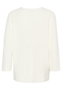 Pull tricoté couleur crème à manches longues avec un motif côtelé texturé, vu de dos.