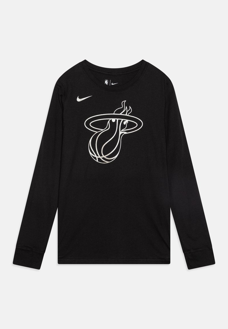 Black long-sleeve shirt made of cotton. Features a white graphic of a basketball and flame logo. Nike logo on the upper left chest.