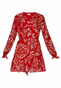Red floral dress with a V-neck, long sleeves, and ruffle details. Features a cinched waist and a tiered skirt. Made of lightweight fabric.
