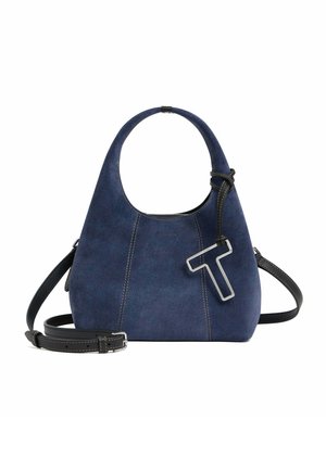 Blue suede handbag with a curved top handle, detachable black strap, and silver T-shaped accent. Features visible stitching detail.