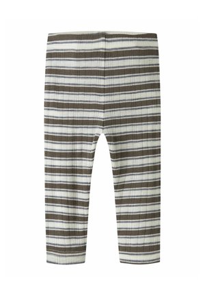 Stribede leggings til småbørn med vandrette hvide og brune striber og ribbet tekstur, vist fladt på hvid baggrund.