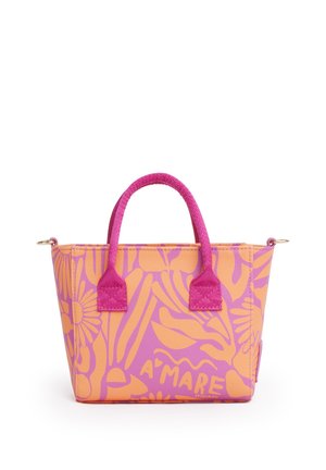 Piccola borsa a mano con manici rosa, con motivi floreali astratti arancioni e rosa e la scritta "A'MARE" su un lato.