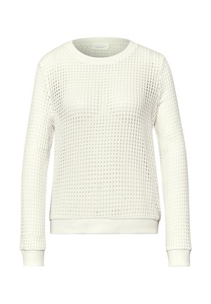 Witte trui met lange mouwen en een gestructureerd, wafelgebreid patroon, met geribde manchetten, kraag en zoom.