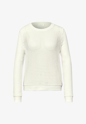 Witte trui met lange mouwen en een gestructureerd, wafelgebreid patroon, met geribde manchetten, kraag en zoom.