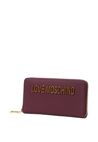 Portafoglio in pelle bordeaux con logo "LOVE MOSCHINO" in tonalità oro, chiusura a zip, texture liscia e design rettangolare piatto.