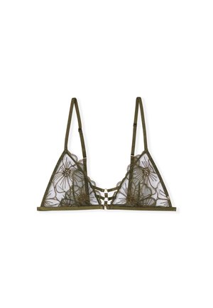Soutien-gorge triangulaire vert olive en dentelle florale transparente, avec un détail à l'avant à lanières et des bretelles fines ajustables. Texture douce, motif délicat.