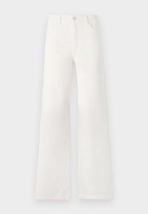 White, high-waisted wide-leg jeans made of denim. Features a button closure, two front pockets, and side seams with stitching details.