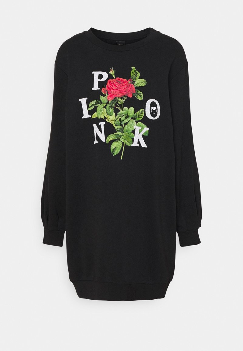 Robe noire à manches longues avec un motif de rose rouge et de feuilles vertes, avec des lettres blanches formant "PINKO" autour de la fleur.