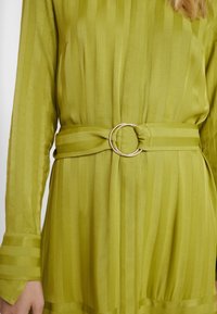 Robe rayée verte en tissu léger et lisse, avec une ceinture nouée ornée d'un accent métallique circulaire et des manches longues.