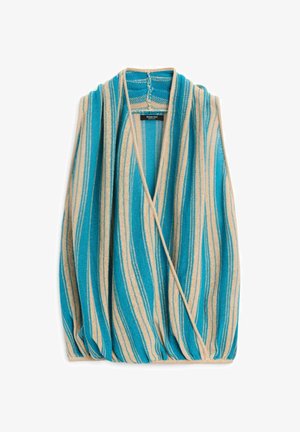 Gilet sans manches en maille avec des rayures verticales bleu sarcelle et beige, col en V profond et ourlet ajusté.