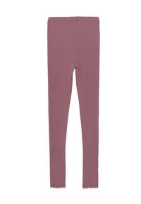 Prążkowane legginsy w przytłumionym kolorze mauve z falbaniastym dołem. Wykonane z miękkiego, elastycznego materiału, zapewniającego wygodne dopasowanie.