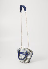 Mini handbag with blue leather accents, woven patterned exterior, gold chain strap, rounded shape, and zippered pocket detail.