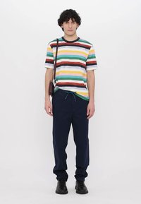Tricou cu dungi multicolore, cu linii orizontale în verde, roșu, galben și alb; pantaloni bleumarin și pantofi negri; poșetă mică.