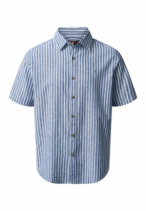 Camicia da uomo a maniche corte con bottoni, a righe verticali blu e bianche e colletto appuntito.