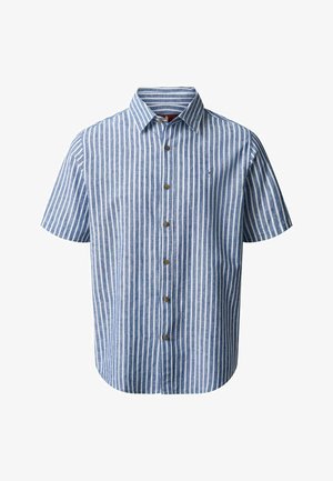 Pánska krátkym rukávom košeľa na gombíky s modrými a bielymi zvislými pruhmi a špicatým golierom.