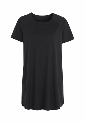 Musta lyhythihainen rento T-paita pyöreällä pääntiellä ja väljässä istuvuudessa valkoisella taustalla.