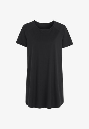 Schwarzes kurzärmeliges Freizeit-T-Shirt mit Rundhalsausschnitt und lockerer Passform, angezeigt auf weißem Hintergrund.