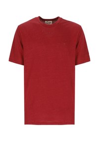 T-shirt a manica corta di cotone rosso con colletto rotondo, caratterizzato da una superficie leggermente testurizzata e una vestibilità rilassata. Design senza decorazioni.