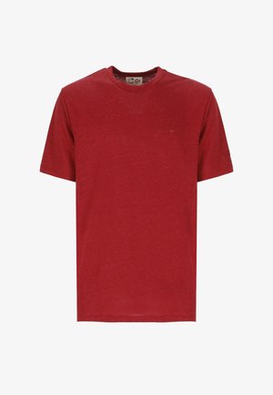 T-shirt a manica corta di cotone rosso con colletto rotondo, caratterizzato da una superficie leggermente testurizzata e una vestibilità rilassata. Design senza decorazioni.