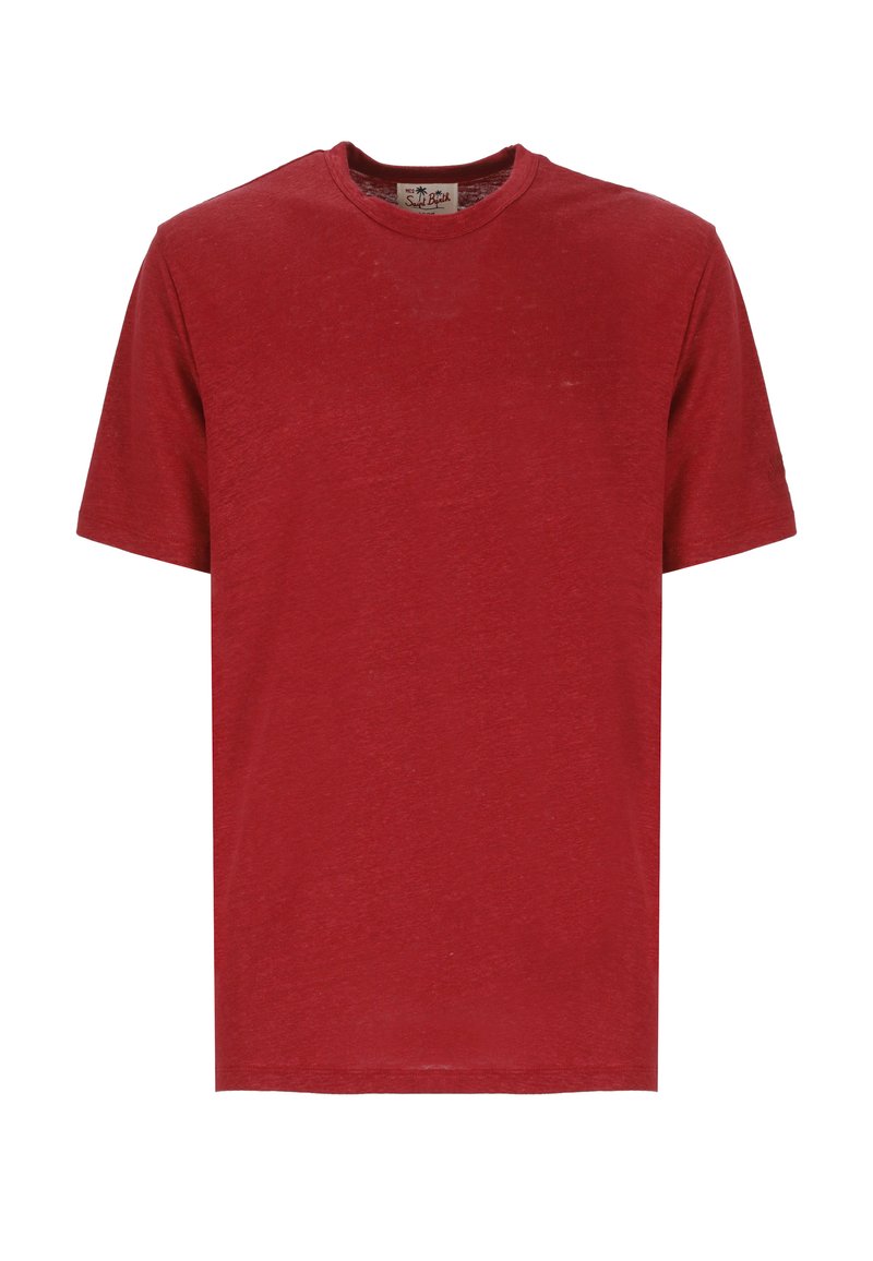 T-shirt a manica corta di cotone rosso con colletto rotondo, caratterizzato da una superficie leggermente testurizzata e una vestibilità rilassata. Design senza decorazioni.