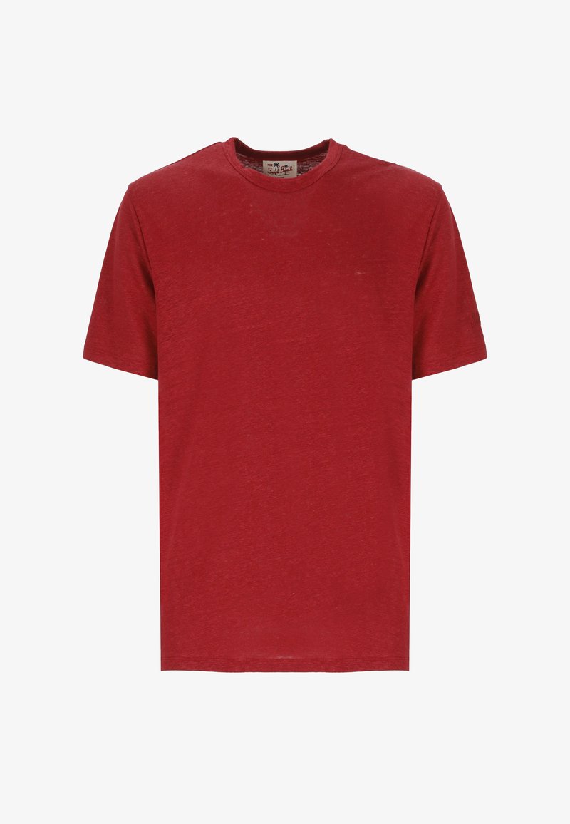 T-shirt a manica corta di cotone rosso con colletto rotondo, caratterizzato da una superficie leggermente testurizzata e una vestibilità rilassata. Design senza decorazioni.