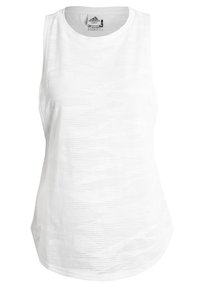 Débardeur de sport Adidas blanc sans manches avec un col rond et un motif texturé subtil.