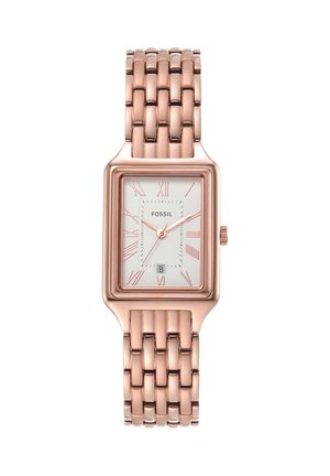 Roségoldene rechteckige Fossil-Armbanduhr mit Gliederarmband, römischen Ziffern und Datumsanzeige um sechs Uhr.