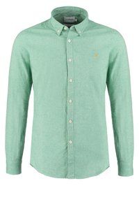 Chemise vert menthe à manches longues avec boutons, col boutonné et petit logo jaune brodé sur la poitrine.