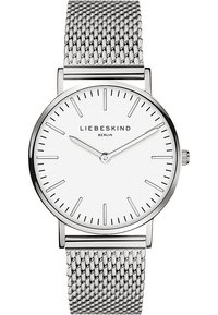 Silberne Mesh-Armbanduhr mit einem runden weißen Zifferblatt, schlanken Markierungen, minimalistischem Design und dem aufgedruckten Markennamen "LIEBESKIND BERLIN".