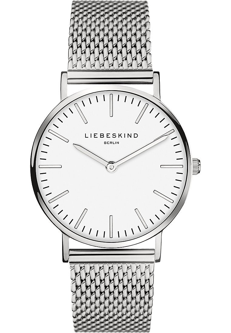 Silberne Mesh-Armbanduhr mit einem runden weißen Zifferblatt, schlanken Markierungen, minimalistischem Design und dem aufgedruckten Markennamen "LIEBESKIND BERLIN".