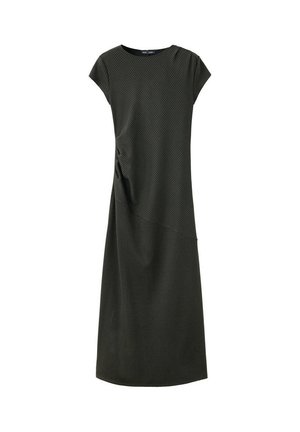 Vestido midi de manga corta con cuadros en verde oscuro, con escote redondo y un detalle sutil de costura diagonal en la falda.