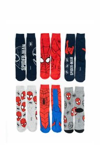 Eight pairs of Spider-Man-themed socks in red, blue, gray, and black with spider and web patterns, character faces, and Spider-Man text.